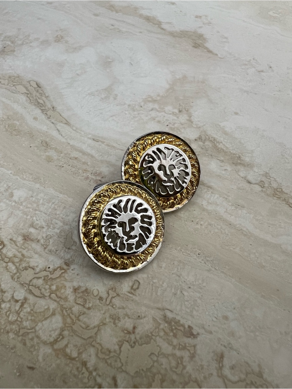 Vintage Anne Klein Gold and Silver Lion Medallion Clip on earrings